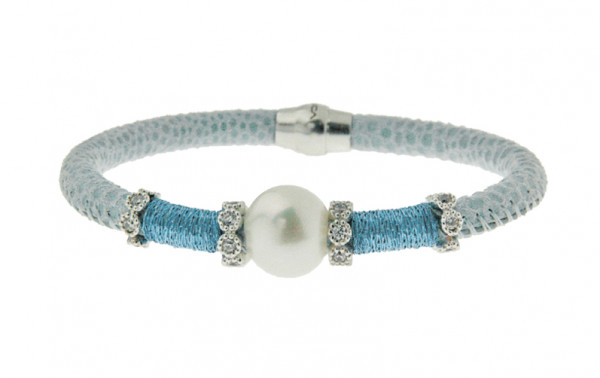 Armband Leder/Kupfer hellblau mit Perle + Zirkonia