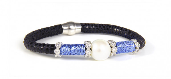 Armband Leder dunkelblau mit Perle + Zirkonia