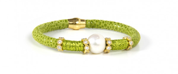 Armband Leder/Kupfer lindgrün mit Perle + Zirkonia
