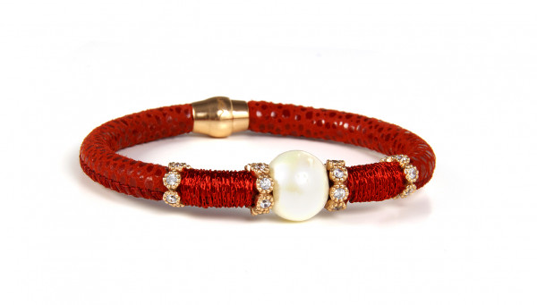 Armband Leder/Kupfer rot mit Perle + Zirkonia