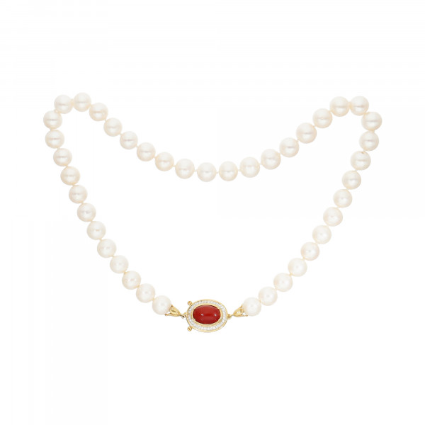 Perlenkette weiß 41 Perlen mit Schloss Gelbgold 750 mit Koralle und Brillanten