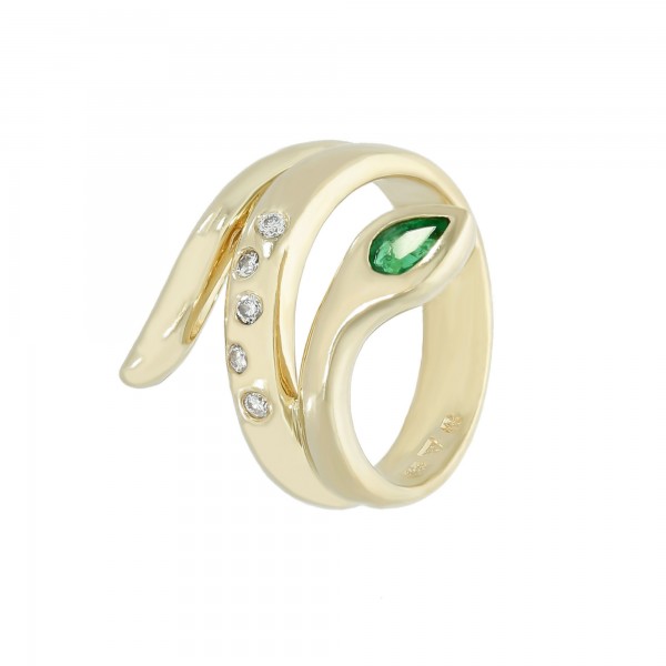 Ring 585 Gelbgold Schlange mit Smaragd + Diamanten