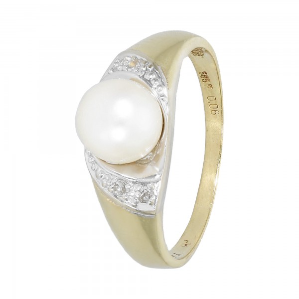 Ring bicolor 585 mit 1 Perle und Diamanten