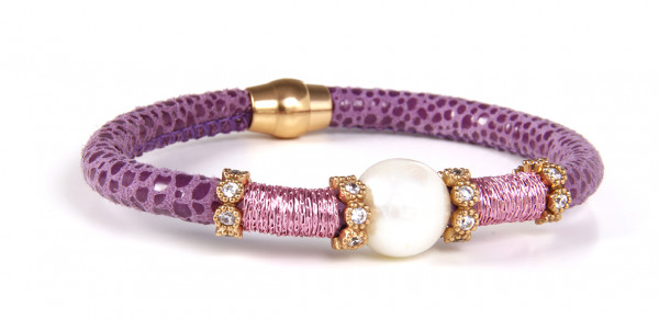 Armband Leder lila mit Perle + Zirkonia