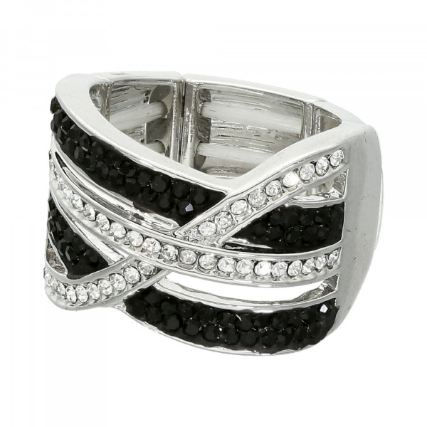 Stretch-Ring mit schwarz + weiß Kristallen