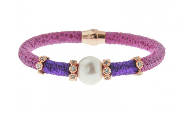 Armband Leder/Kupfer violett mit Perle + Zirkonia